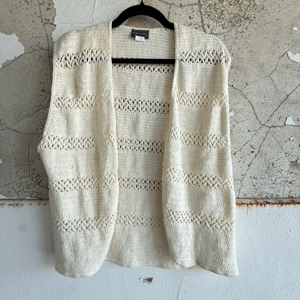 VTG 90s Cotton Crochet Sweater Vest Cream Sleeveless‎ Boho Cottage L